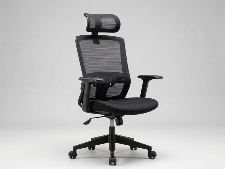 Wide straight-on studio photograph of an ergonomic mesh office chair on a plain light gray background, bright studio strobe lighting, clean product shot showing full chair profile and armrests, no people