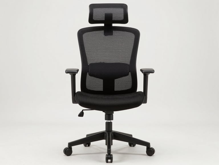 Straight-on studio photograph of a black mesh ergonomic office chair with adjustable armrests and five-star base on wheels, neutral white background, bright studio lighting, no people, full chair visible front-facing