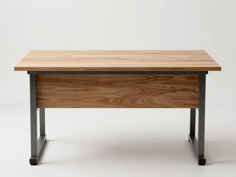 Straight-on studio photograph of a rectangular wood-laminate desk with metal frame legs, neutral white background, bright studio lighting, no people, top surface visible showing clean finish and edge banding