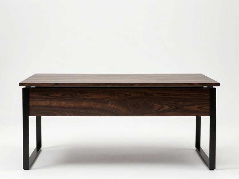Single modern office desk photographed straight-on against a clean white background, studio strobe lighting, dark wood surface and black metal legs, no people, full product visible