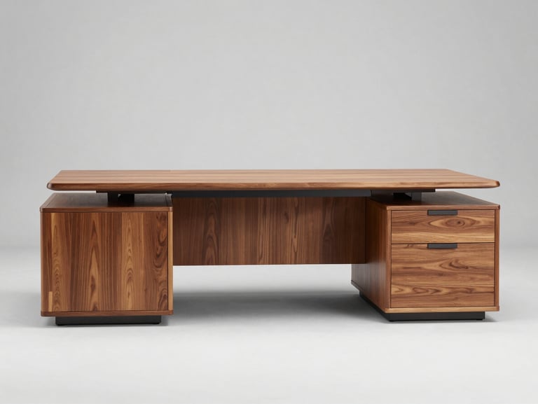 Wide straight-on studio photograph of a solid wood executive desk on a plain light gray background, bright studio strobe lighting, clean product shot showing full surface and drawer unit, no people