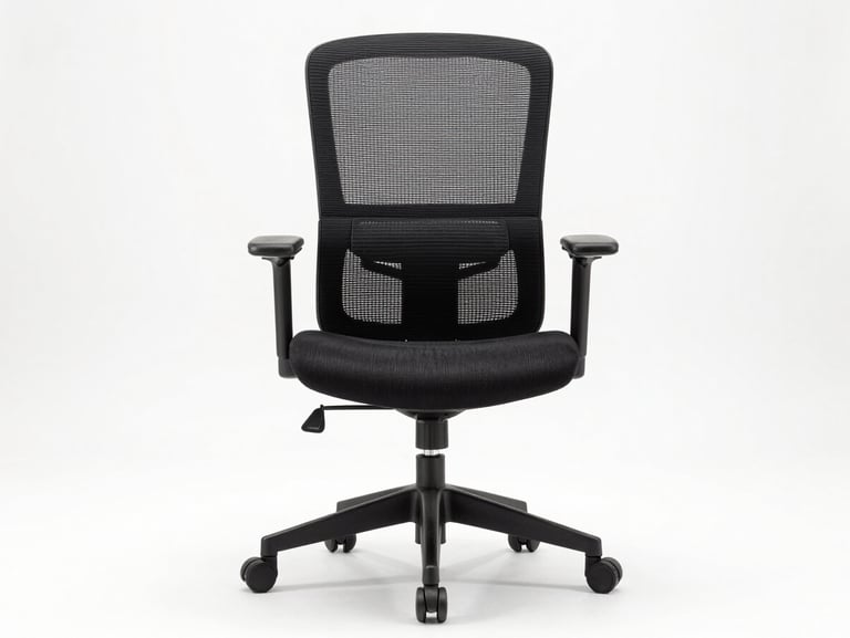 Straight-on studio shot of an ergonomic office chair with mesh back and armrests on a white background, bright even studio lighting, front-facing angle to show full form and dimensions