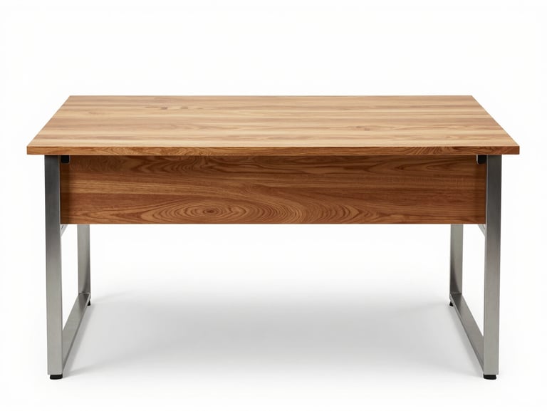 Straight-on studio shot of a solid wood office desk with metal legs on a white background, clean top surface, bright even lighting, no shadows, front-facing angle to show dimensions