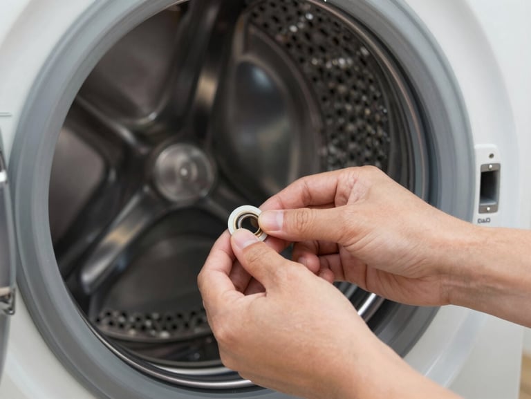 Close-up of clean hands replacing a drum seal on a premium washing machine, bright high-CRI white work light.