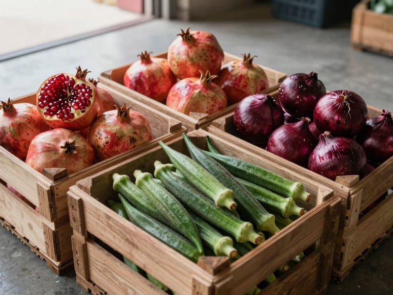 Medium close-up overhead view of sorted and graded fresh produce crates — pomegranates, green okra, and red onions in separate wooden export crates on a concrete floor, natural daylight from an open loading-bay door, no people