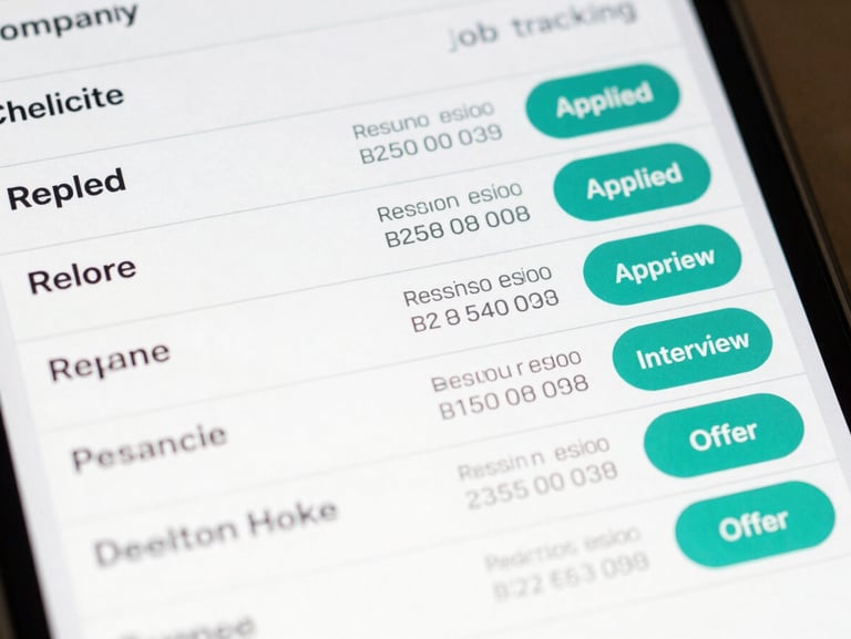 Close-up app screenshot of a job tracking table — rows listing company name, role title, resume version tag, submission date, and a status pill (Applied, Interview, Offer) on a light surface background, teal accent on active status pills, clean high-key lighting, no humans, tight crop on the table rows