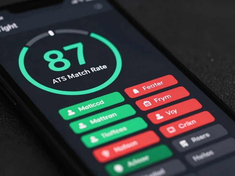 Tight UI crop of a resume ATS score card panel on a dark app interface: a circular score dial reading 87 in electric teal, labeled ATS Match Rate, with a row of keyword tags below marked green for matched and red for missing, clean app screenshot lighting, no humans, no office environment, high-contrast dark surface background