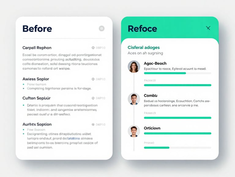Product screenshot showing an AI suggestion overlay on a resume experience section — a before-and-after rewrite panel with the original dim text on the left and a highlighted AI-suggested improvement on the right, clean interface, electric teal accent highlights, high-key clarity