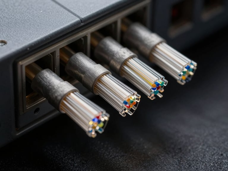 Macro close-up of fiber optic terminations in a patch panel, studio strobe side-lighting revealing glass fiber ends and precision connector labeling, deep dark background, no people, crisp material detail
