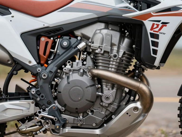 Macro close-up of a modern adventure motorcycle engine block, clean mechanical details, terracotta accents, high-contrast lighting.