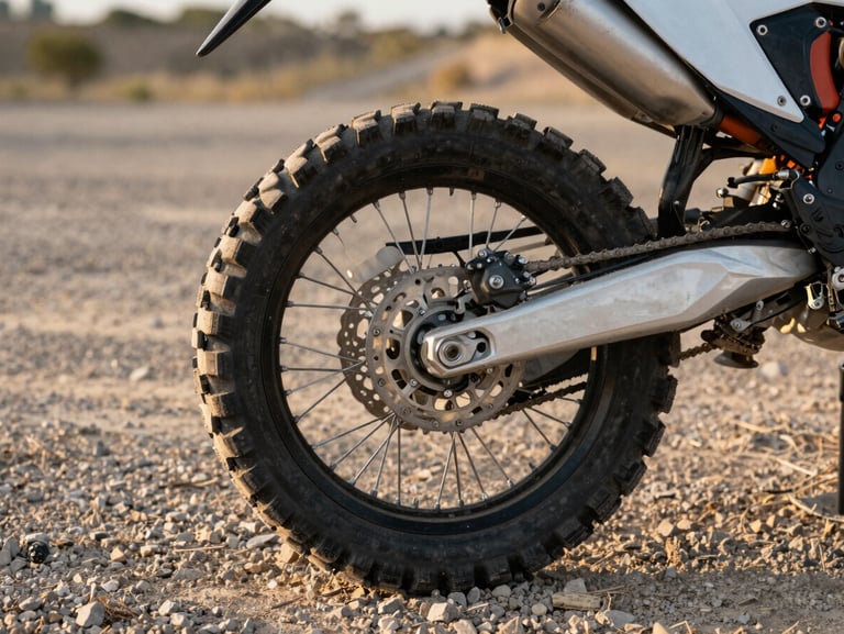 Rear wheel and chain of an adventure motorcycle, aggressive tread pattern, dusty gravel path background, warm late-afternoon light.