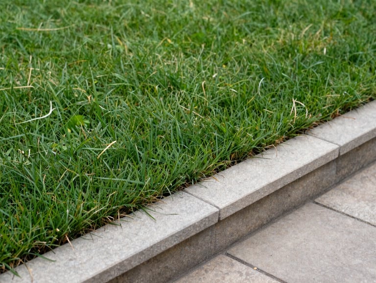 Close-up documentary shot of a freshly trimmed lawn edge meeting a clean stone border at a residential garden, overcast daylight showing surface detail and precise cut, no people, evidence of careful finished work