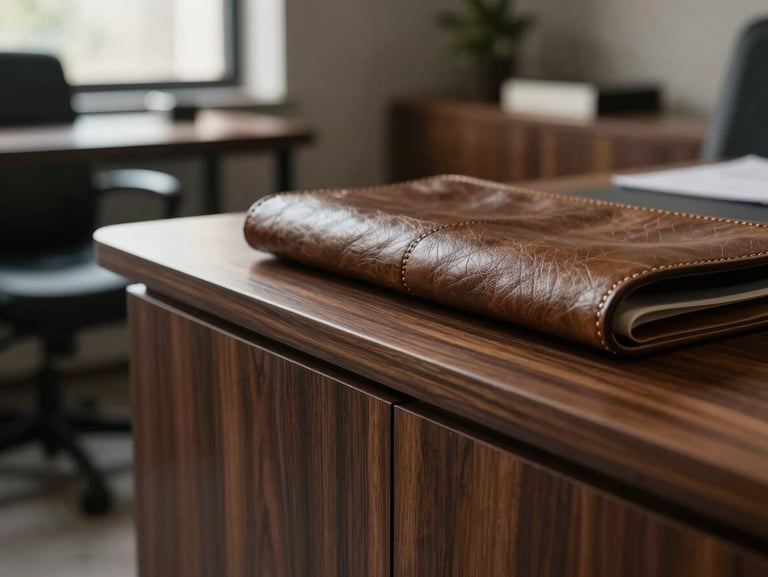 Intimate close-up of tactile luxury, polished dark wood and structured leather in a quiet, sunlit private office, soft afternoon light.