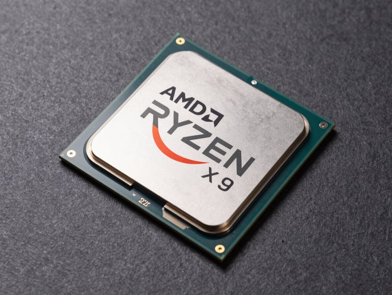 Overhead studio shot of an AMD Ryzen 9 7950X processor on a neutral dark slate surface, controlled strobe lighting, AM5 socket contacts sharply in focus, minimal shadow