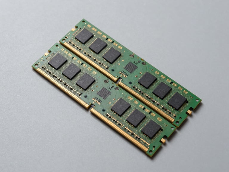 Overhead studio shot of a 32 GB DDR5 RAM module pair on a neutral grey surface, controlled strobe lighting, heat spreader labeling and gold contacts sharply rendered, minimal shadow