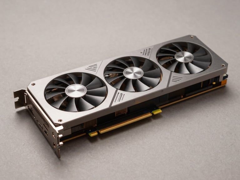 Three-quarter flat-lay of an NVIDIA RTX 4090 graphics card on a neutral matte surface, studio overhead lighting, PCIe connector and cooling fins in crisp detail, no background clutter
