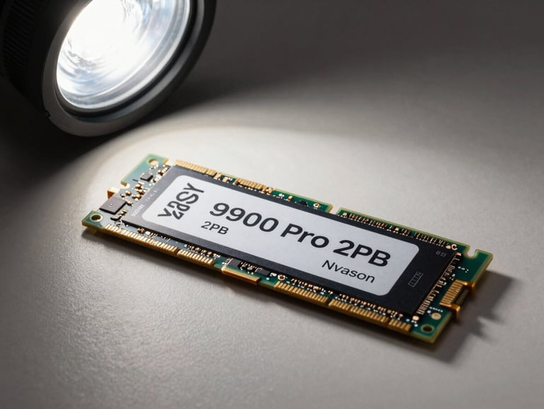 Three-quarter flat-lay of a Samsung 990 Pro 2TB NVMe SSD on a neutral matte surface, studio strobe overhead, M.2 connector and NAND label in sharp focus, no lifestyle context
