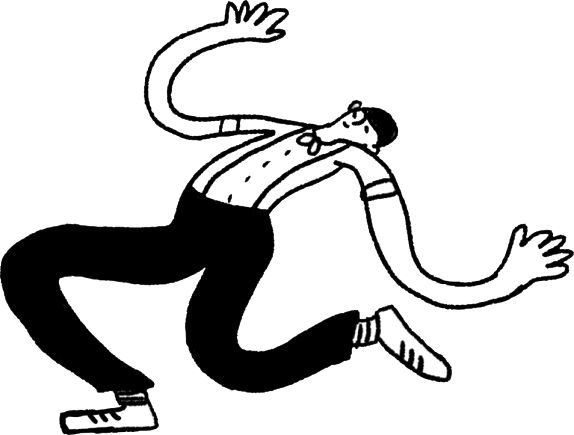 Disegno nero su bianco di pascal il clown mentre danza