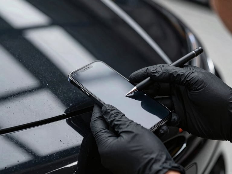 Close-up of a technician in black nitrile gloves holding a smartphone to photograph a paint scratch on a premium black sports car under LED lighting, 35mm