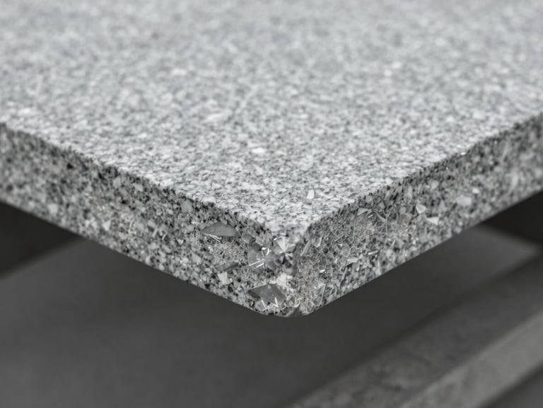 Extreme close-up of a freshly planed grey granite slab, showing sharp cut edges and crystalline mineral structure under cold overcast daylight, desaturated slate tones.