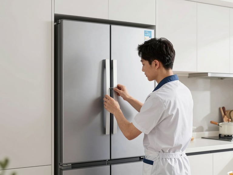 A professional technician in a clean uniform calibrating an integrated refrigerator inside a modern kitchen, straight-on architectural framing