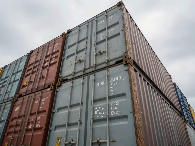 Low-angle heroic perspective of stacked high-cube containers, heavy brass locking gear visible, overcast industrial gray lighting