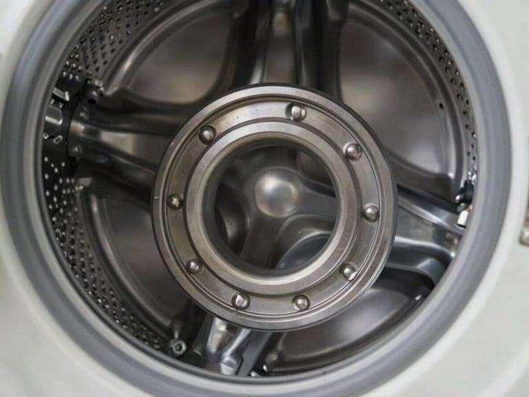 Macro shot of a clean, metallic washing machine drum bearing assembly, bright workshop lighting, technical detail.