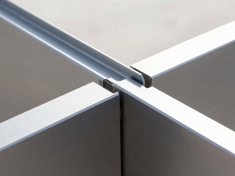 Extreme close-up of a flawless aluminum miter joint, clean anodized charcoal finish, sharp architectural lines, bright daylight