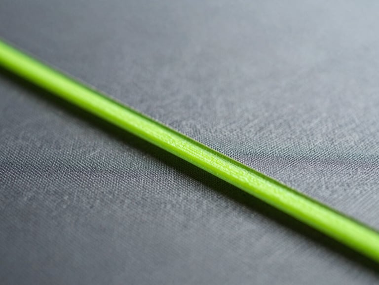 Macro close-up of recycled polyester athletic sheets being precision laser-cut, bright neon green rim lighting reflecting off the technical fabric weave.
