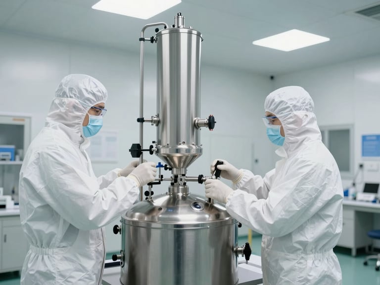 Cool, bright sterile cleanroom environment with technicians in full white sterile protective equipment operating a stainless steel pharmaceutical reactor, high-contrast vertical alignment, clinical lighting.