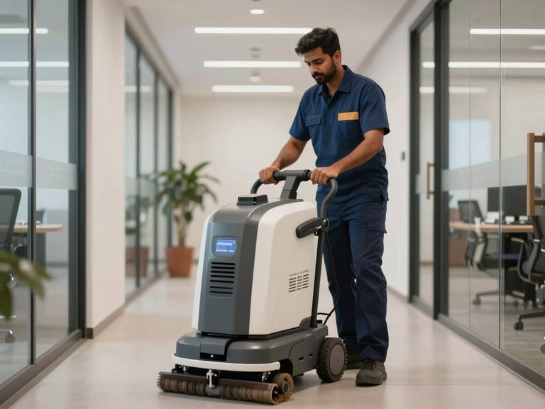 A commercial cleaner in a neat uniform operating a professional floor scrubbing machine in a clean, modern Indian office corridor.
