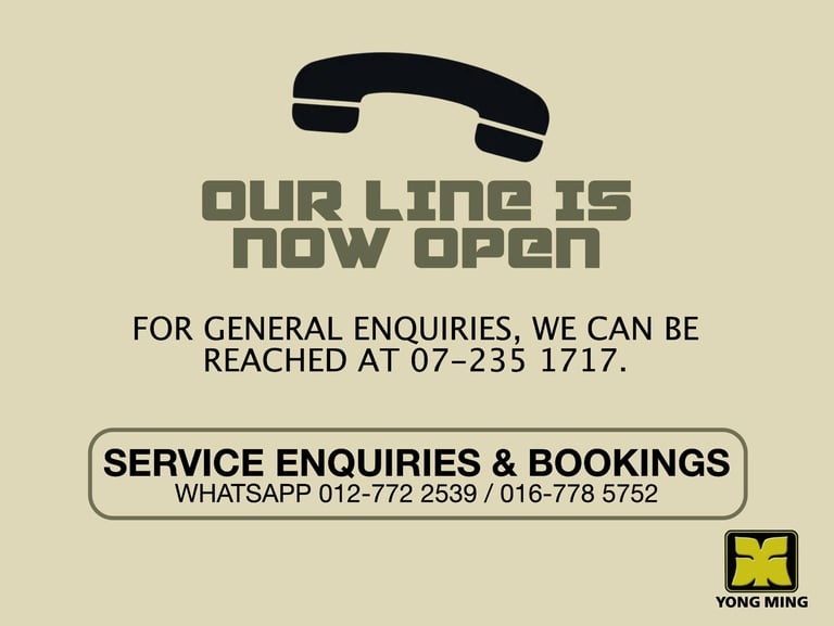 Yong Ming service enquiries and bookings contact information with phone and WhatsApp numbers.