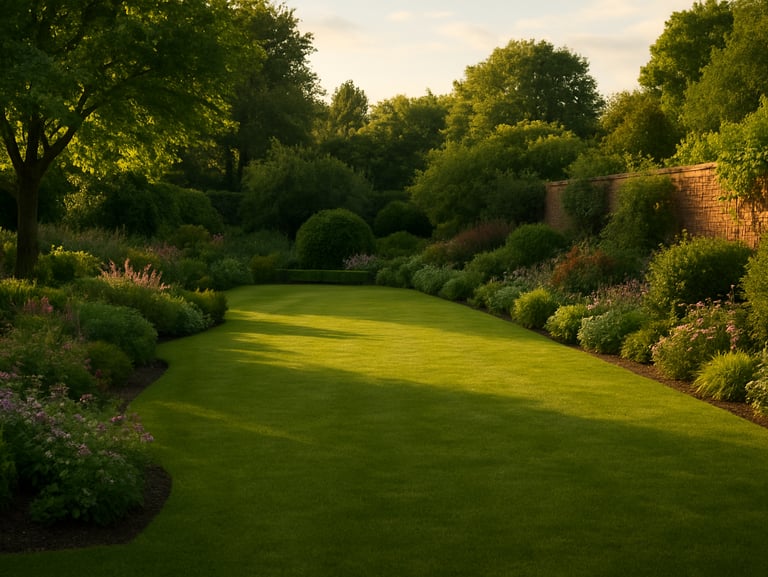 Environmental wide shot of a mature residential garden with clean lawn, trimmed borders, and tidy beds — a maintained garden photographed in golden hour daylight