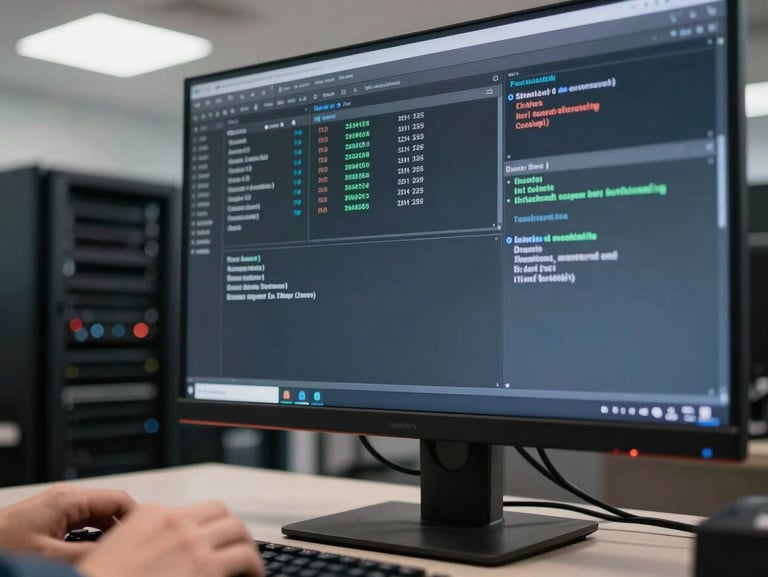 Close-up environmental shot of a database administration interface on a high-resolution monitor, clean desk surface below, one hand at the keyboard partially visible, bright overhead office lighting, server rack reflected faintly in the screen
