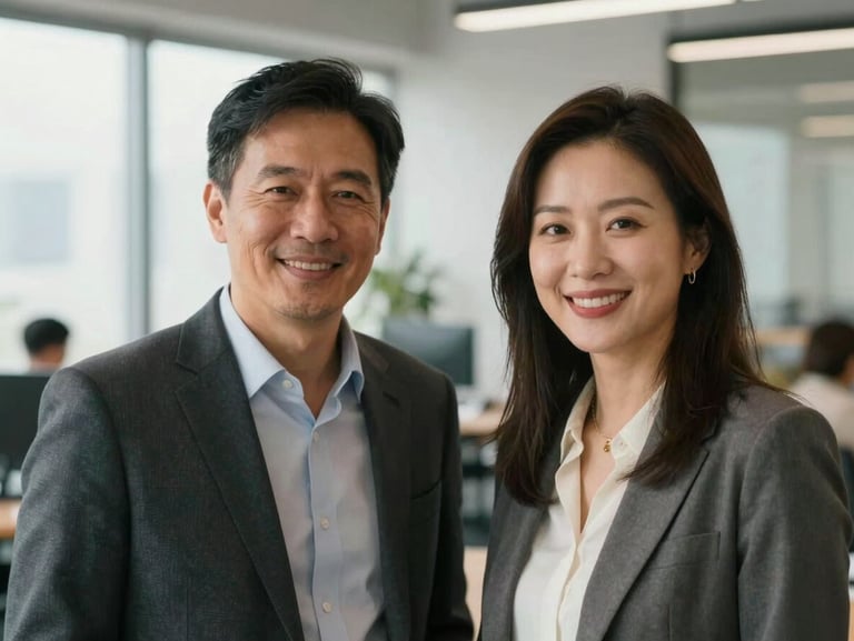 Eye-level candid portrait of two smiling business partners in a bright, modern office space, natural light, soft shadows, professional yet warm.
