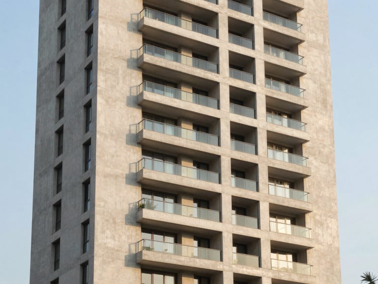 Sleek modern high-rise apartment tower in Kharadi, clean concrete lines, warm afternoon sunlight, architectural photography, 35mm lens.