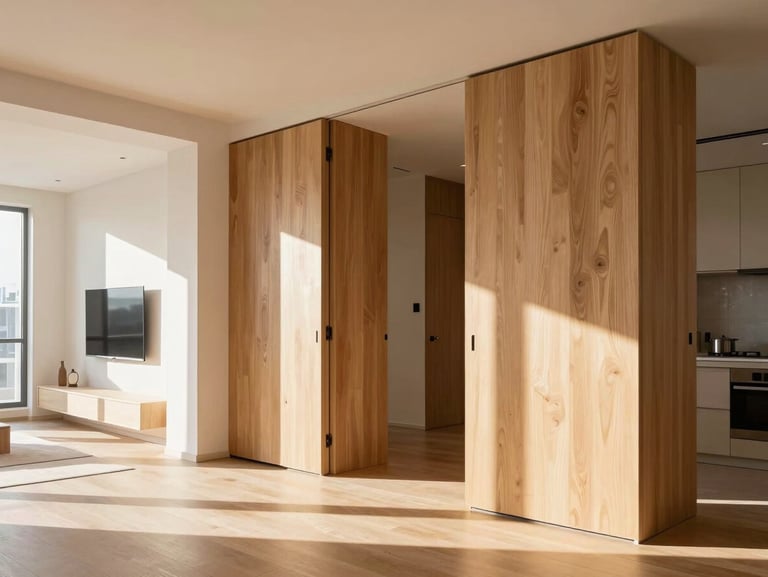 Sunlit modern apartment living room interior, clean wooden finishes, warm natural light, high-contrast editorial photography, 35mm lens.