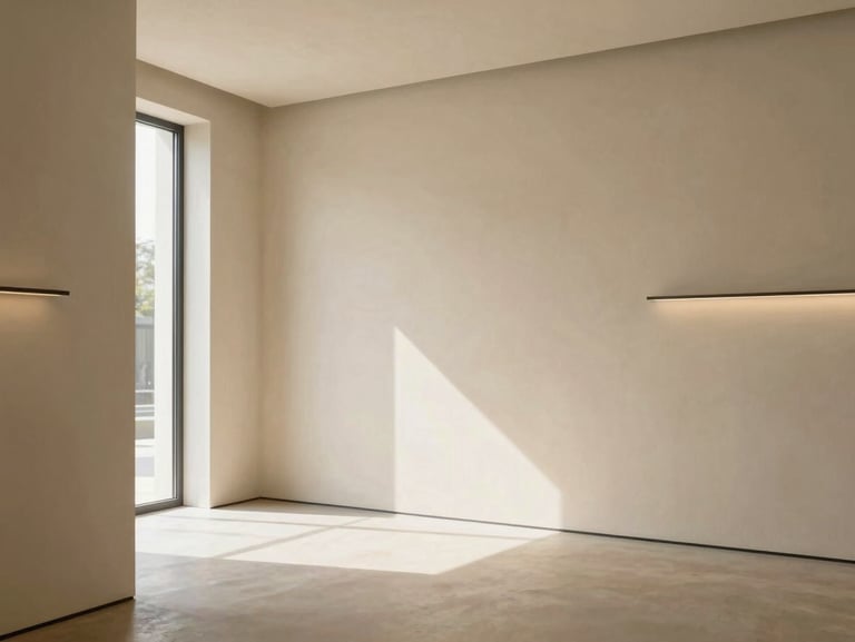 Finished minimalist commercial gallery, warm cream plaster walls, soft natural window light, architectural composition.