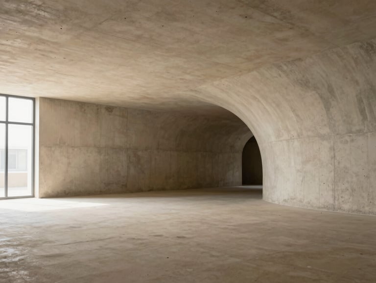 Raw concrete commercial shell, exposed wiring, dark unlit space, wide angle perspective.