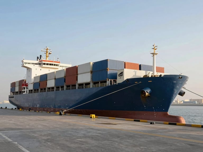 Wide-angle environmental shot of a refrigerated cargo ship docked at a modern Dubai port during crisp daylight, clean lines, professional maritime logistics.