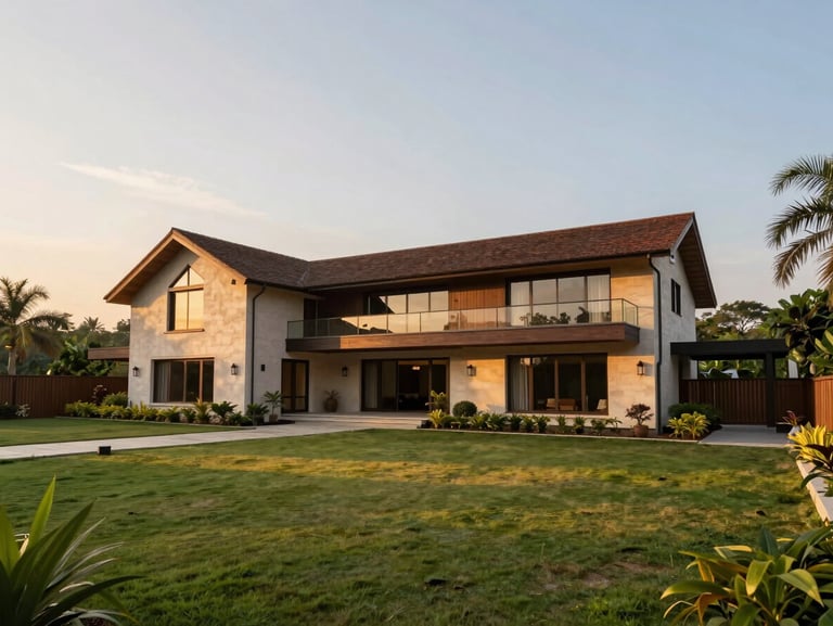 Modern luxury farmhouse in Alibaug, surrounded by manicured lawns, golden hour light, wide-angle architectural shot