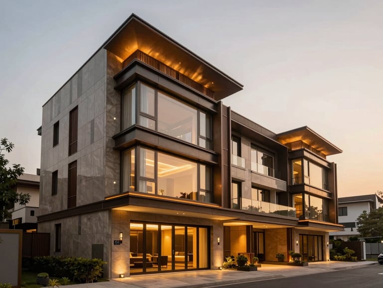 Architectural portrait of a luxury duplex residence in New Delhi, warm exterior lighting, steel and glass details, sharp focus