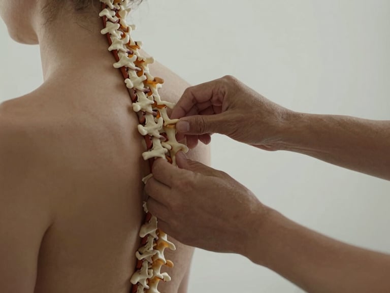 Dramatic side-lit close-up of hands adjusting a client's spinal alignment during a structural assessment, clean minimalist background, neutral tones.