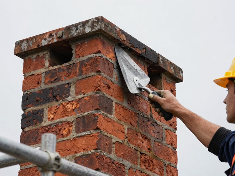 A professional mason on scaffolding tuckpointing a historic brick chimney, overcast natural light, focus on hand holding a trowel