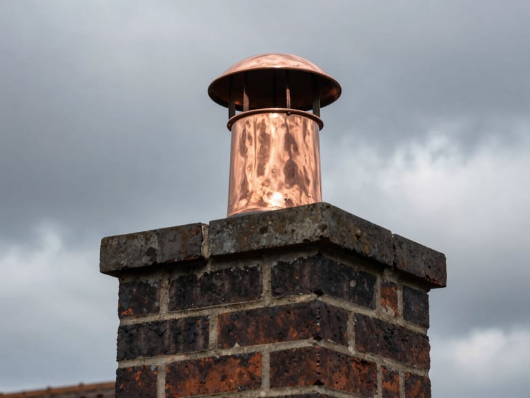 A copper chimney cap installed on a newly tuckpointed dark brick chimney, shot from a low angle against a dramatic overcast sky, emphasizing the clean mortar joints and raw masonry texture.