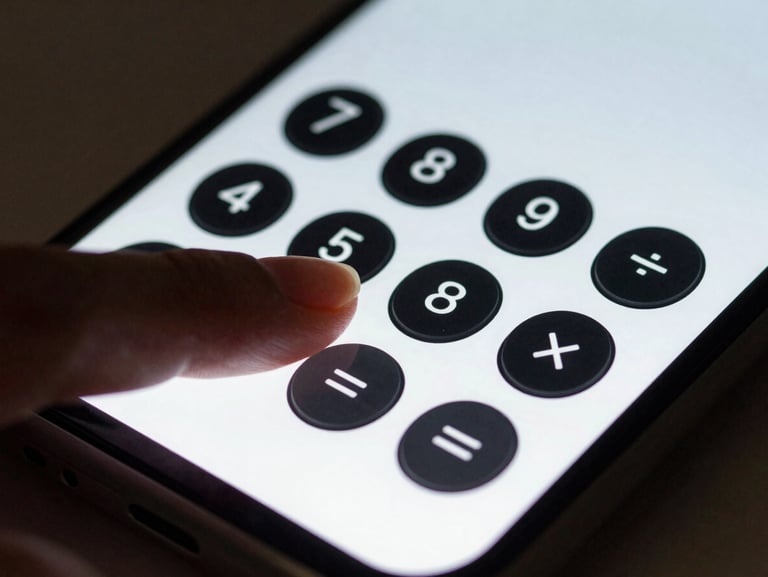 Macro shot of a thumb tapping a physical-looking button on a mobile screen, displaying a minimalist, high-contrast calculator layout.