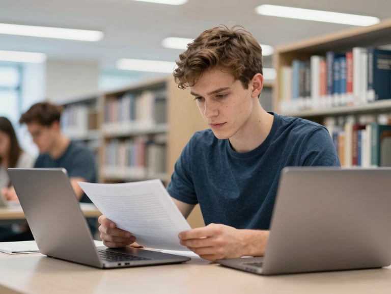 Candid shot of an international student reviewing documents on a laptop in a bright, modern European university library, cool daylight, shallow depth of field