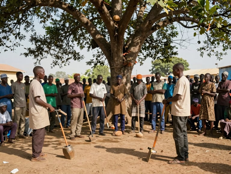Wide environmental shot of a community gathering in Maroua, local leaders presenting tools under a large tree, bright natural sunlight.