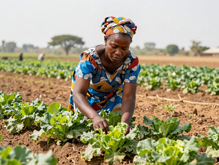 A proud Cameroonian woman farmer tending to vibrant green vegetable crops in a dry-season irrigated field near Maroua, bright daylight, focus on her active hands.