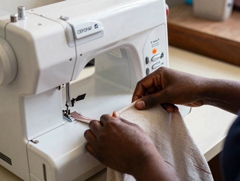 Vue rapprochée de mains de femmes manipulant des tissus sous une machine à coudre moderne au centre CEFOPAF, lumière naturelle de Maroua.